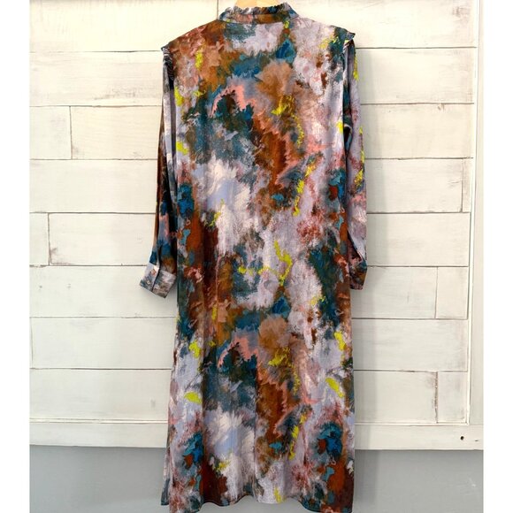 SIZE 8 ICHI Womens 36 Multicolor Dyed Midi Button Front Long Sleeve Shirt Dress - Picture 6 of 9